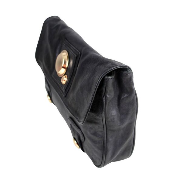 Gustto SOFT BLACK GENUINE LEATHER FLAP LOGO CLUTCH HANDBAG WALLET PURSE - Picture 4 of 16